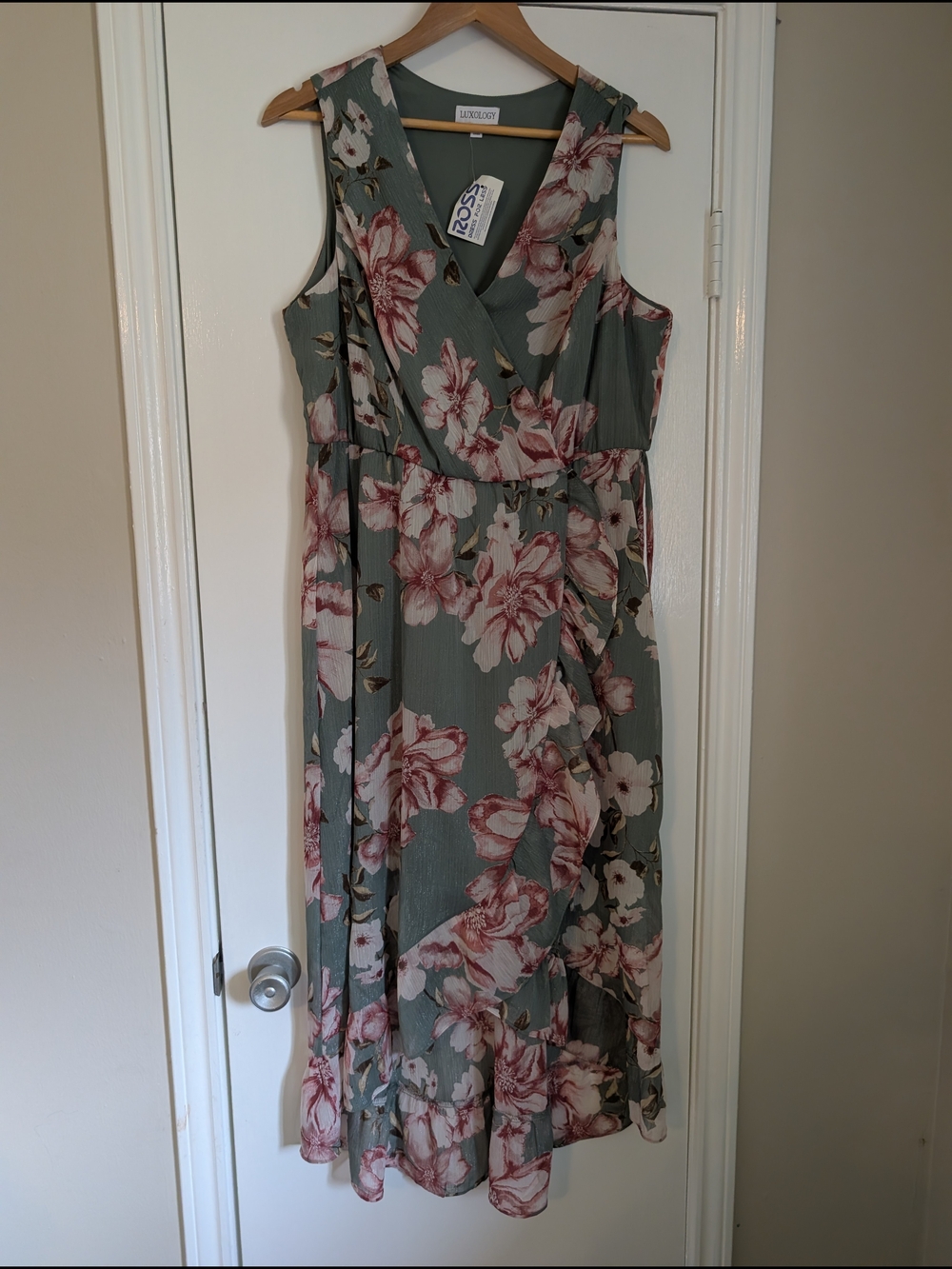 Luxology Floral Faux Wrap Dress in Sage Green and Blush